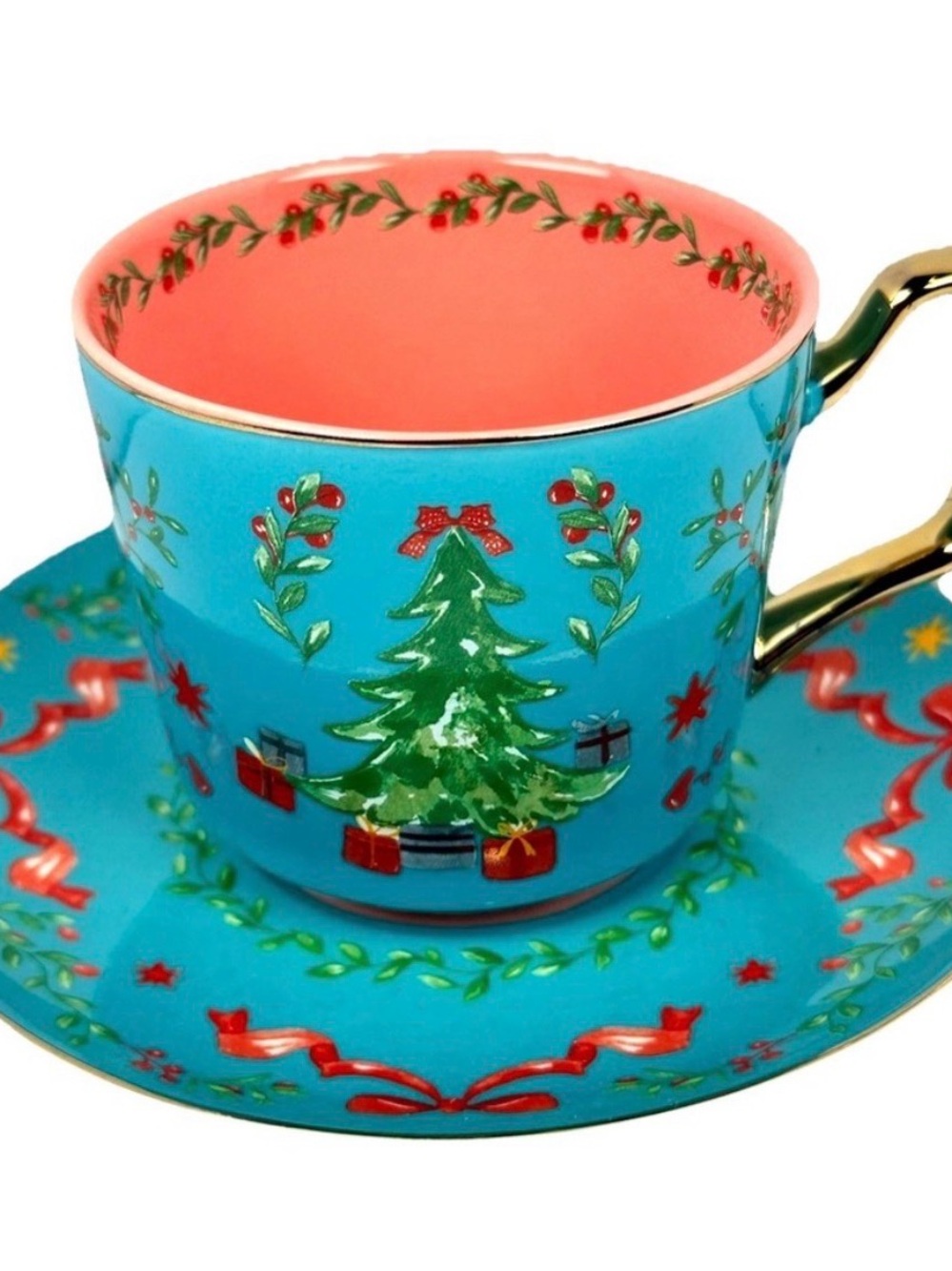 New Monterey Bay Holiday Teacup & Saucer Set - Turquoise with Red Interior Gold